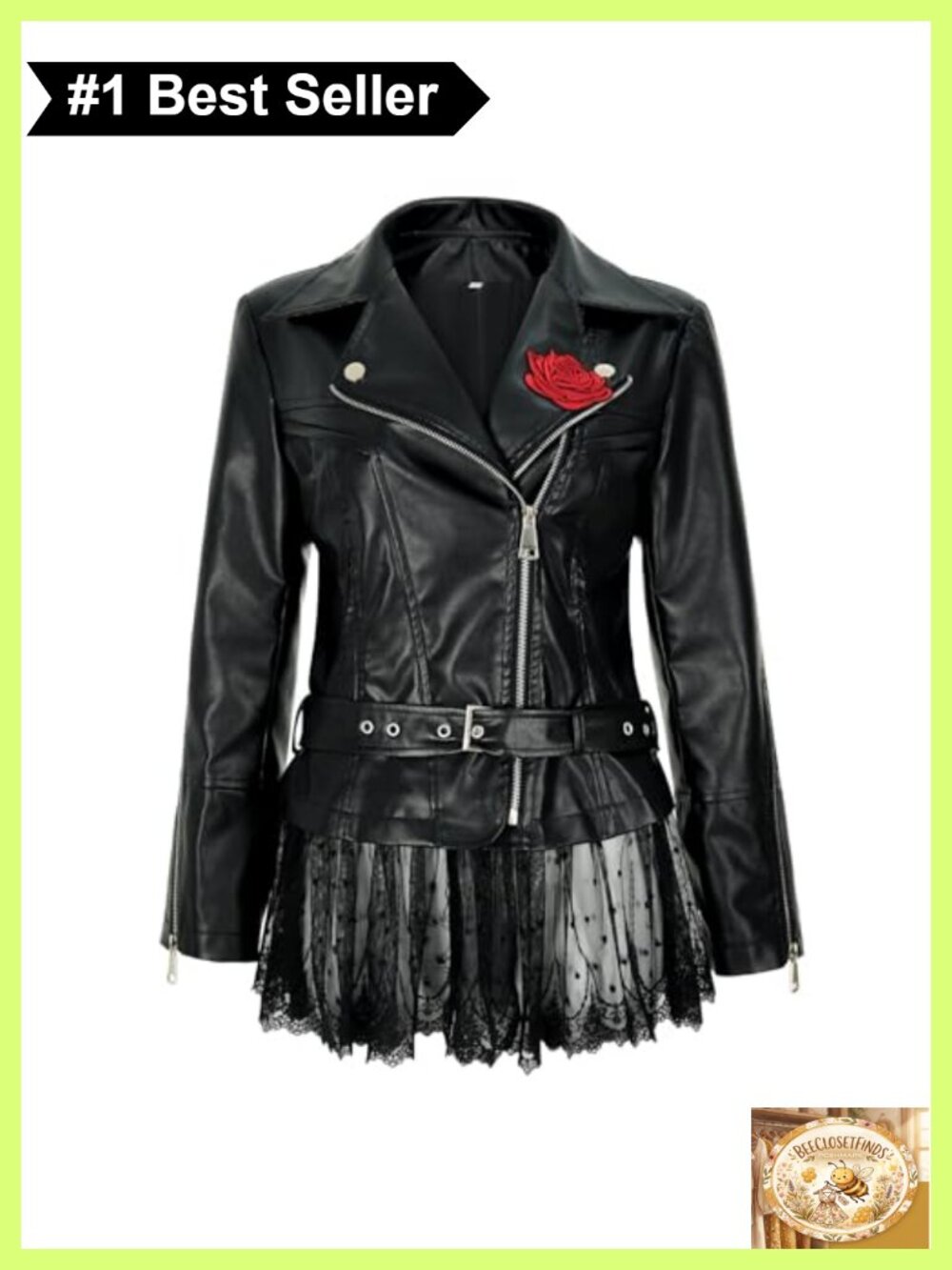 Faux Leather Moto Jacket Lace Peplum Rose Coat Long Sleeve